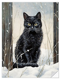 Selvklebende plakat Black Cat in Snow