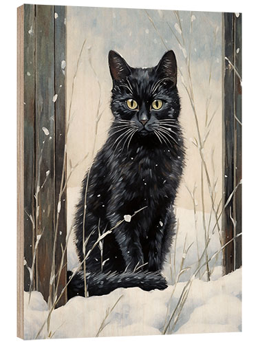 Wood print Black Cat in Snow