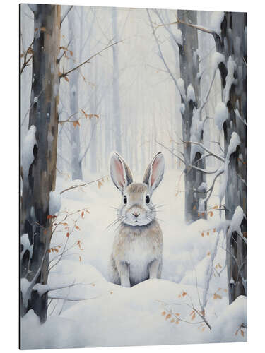 Tableau en aluminium White Hare in Winter Forest