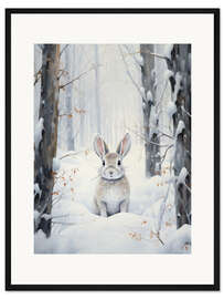 Gerahmter Kunstdruck Weißer Hase im Winterwald