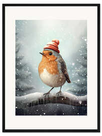 Gerahmter Kunstdruck Weihnachtsrotkehlchen mit Mütze