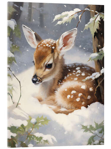 Akryylilasitaulu Sleeping Fawn in Snow Forest