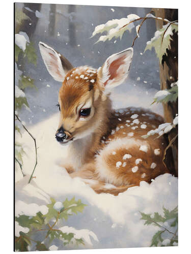Aluminium print Sleeping Fawn in Snow Forest