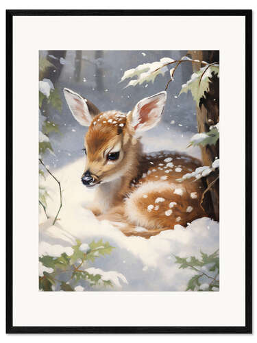 Plakat artystyczny premium w ramie Sleeping Fawn in Snow Forest