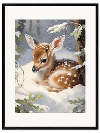 Ingelijste kunstdruk Sleeping Fawn in Snow Forest