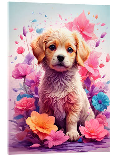 Acrylglas print Puppy Between Purple Flowers