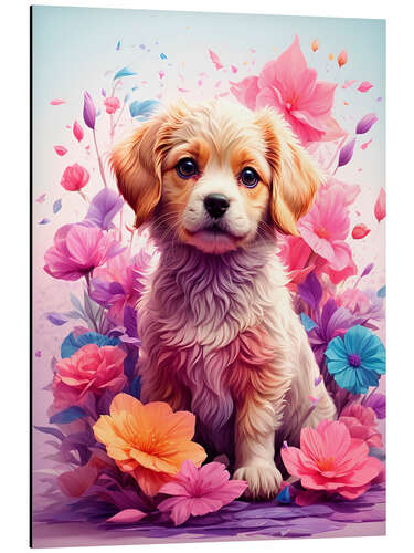 Aluminium print Puppy Between Purple Flowers