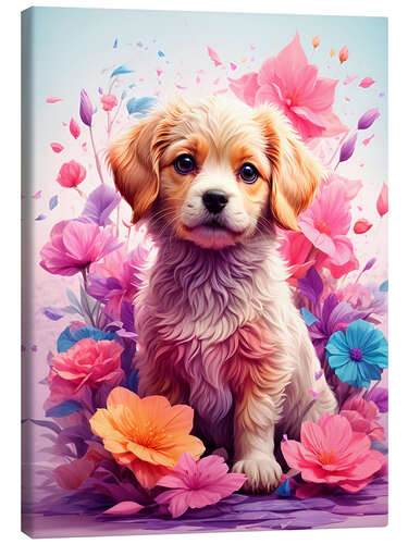 Tableau sur toile Puppy Between Purple Flowers