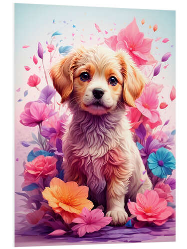 Foam board print Puppy Between Purple Flowers