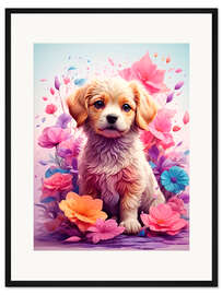 Gerahmter Kunstdruck Hündchen Zwischen Lila Blumen