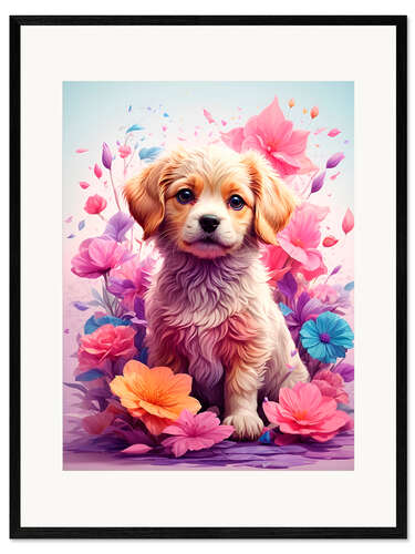 Ingelijste kunstdruk Puppy Between Purple Flowers