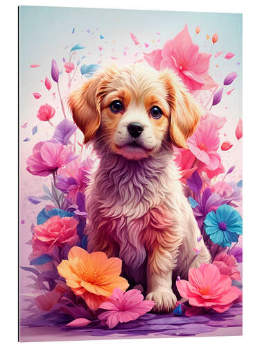 Quadro em plexi-alumínio Puppy Between Purple Flowers