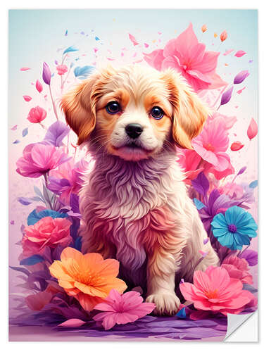 Sticker mural Puppy Between Purple Flowers