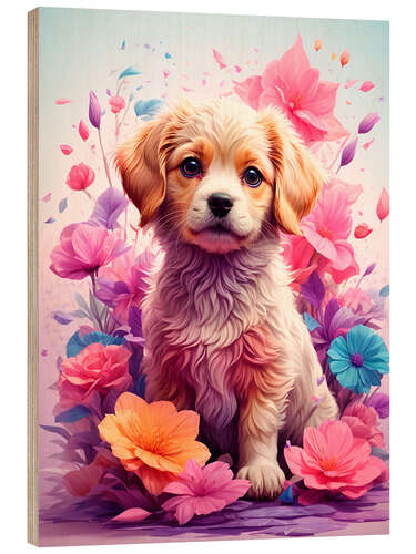 Cuadro de madera Puppy Between Purple Flowers