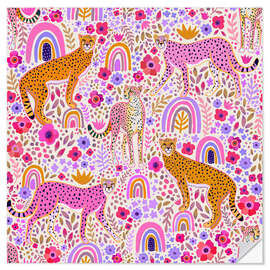 Muursticker Cheetah in a Rainbow Garden