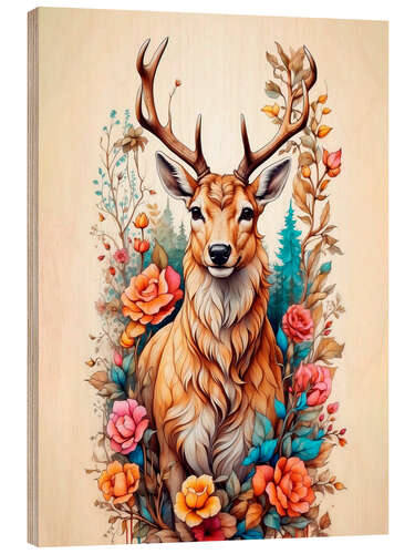 Print på træ Floral Deer