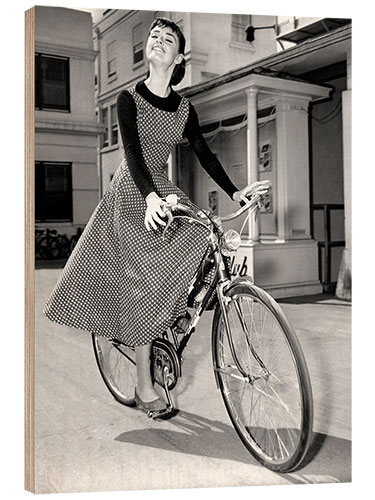 Hout print Audrey Hepburn Bicycles on Set of Sabrina, 1954