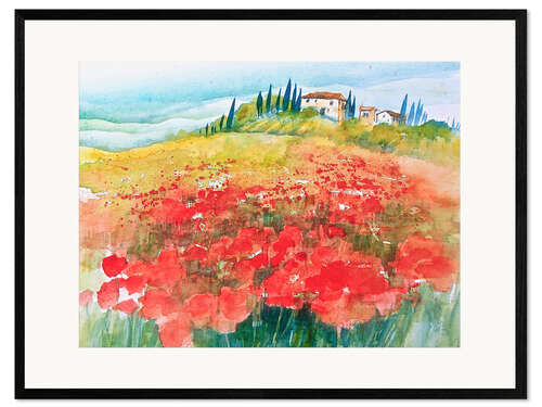 Ingelijste kunstdruk Poppy Field in Tuscany