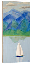 Wood print Mountain Lake With Sailboat