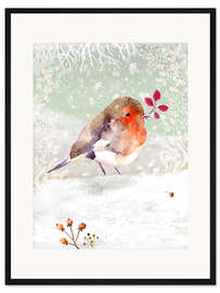 Gerahmter Kunstdruck Winterwunderland - Rotkehlchen im Schnee