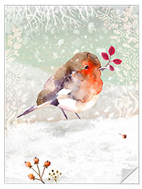 Självhäftande poster Winter Wonderland - Red Robin in the Snow