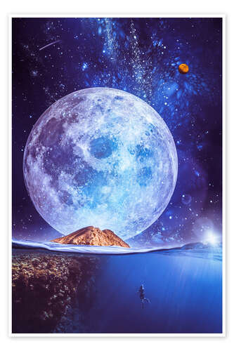 Poster Giant Moon and Diving in the Ocean