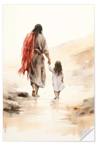 Selvklebende plakat Small girl walk with Jesus