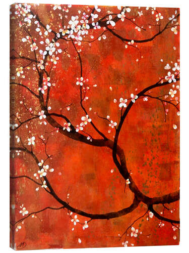 Lærredsbillede Sakura Branch on Red and Gold Background