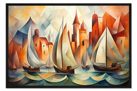 Gerahmter Kunstdruck Segelboote vor dem Hafen