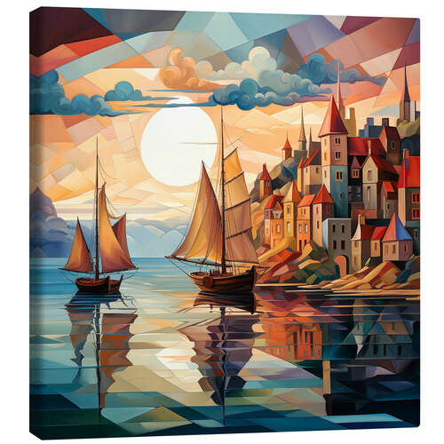 Canvas print Sailboats in front of the city at sunrise