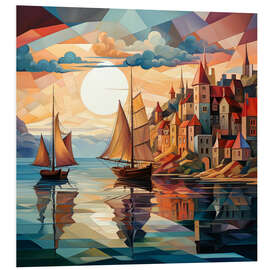 Foam board print Sailboats in front of the city at sunrise