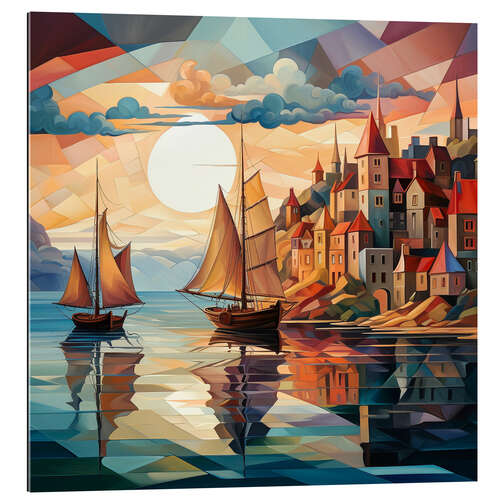 Gallery print Sailboats in front of the city at sunrise