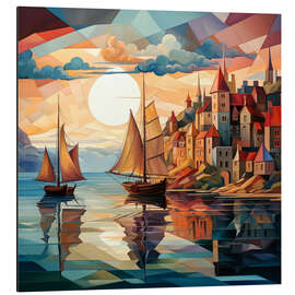Magnettafel Segelboote vor der Stadt im Sonnenaufgang