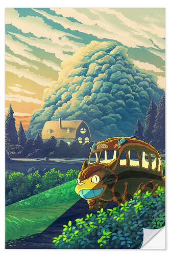 Muursticker Catbus in a Fantasy Landscape