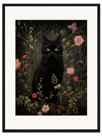 Gerahmter Kunstdruck Florale Schwarze Katze
