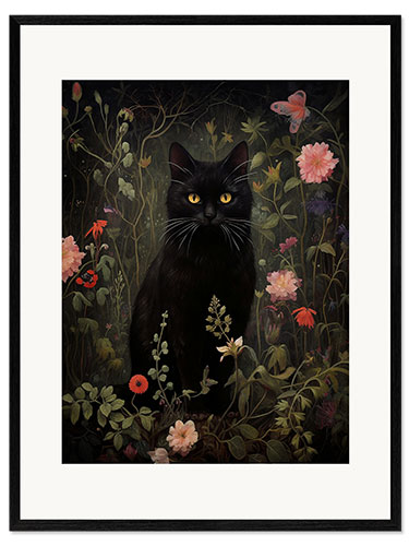 Ingelijste kunstdruk Floral Black Cat