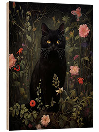 Wood print Floral Black Cat