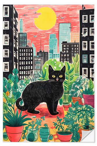 Selvklebende plakat Black Cat With Plants