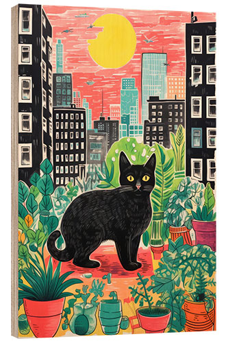 Wood print Black Cat With Plants