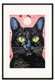 Gerahmter Kunstdruck Schwarze Katze auf rosa Hintergrund