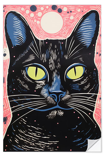 Selvklebende plakat Black Cat on Pink Background