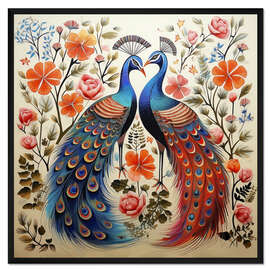 Gerahmter Kunstdruck Farbenfrohe Pfauen in Künstlerischer Harmonie - Peter Roder