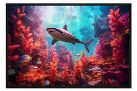 Gerahmter Kunstdruck Hai in einem Korallenwald