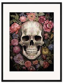 Gerahmter Kunstdruck Blumen-Schädel-Porträt