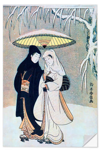 Selvklebende plakat Young Lovers Walking in a Snowstorm, Suzuki Harunobu