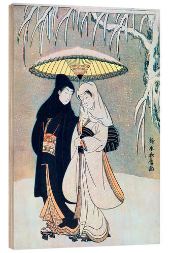 Puutaulu Young Lovers Walking in a Snowstorm, Suzuki Harunobu