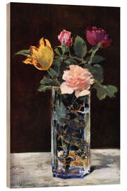 Wood print Still Life with Roses and Tulips in a Dragon Vase