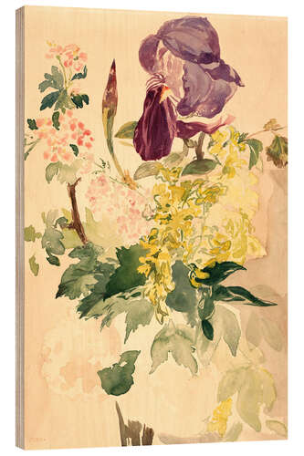 Wood print Flower Piece with Iris, Laburnum, and Geranium