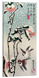 Tableau en aluminium Sparrows and Camellias in the Snow