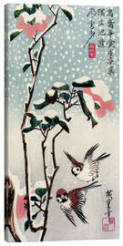 Canvas print Sparrows and Camellias in the Snow